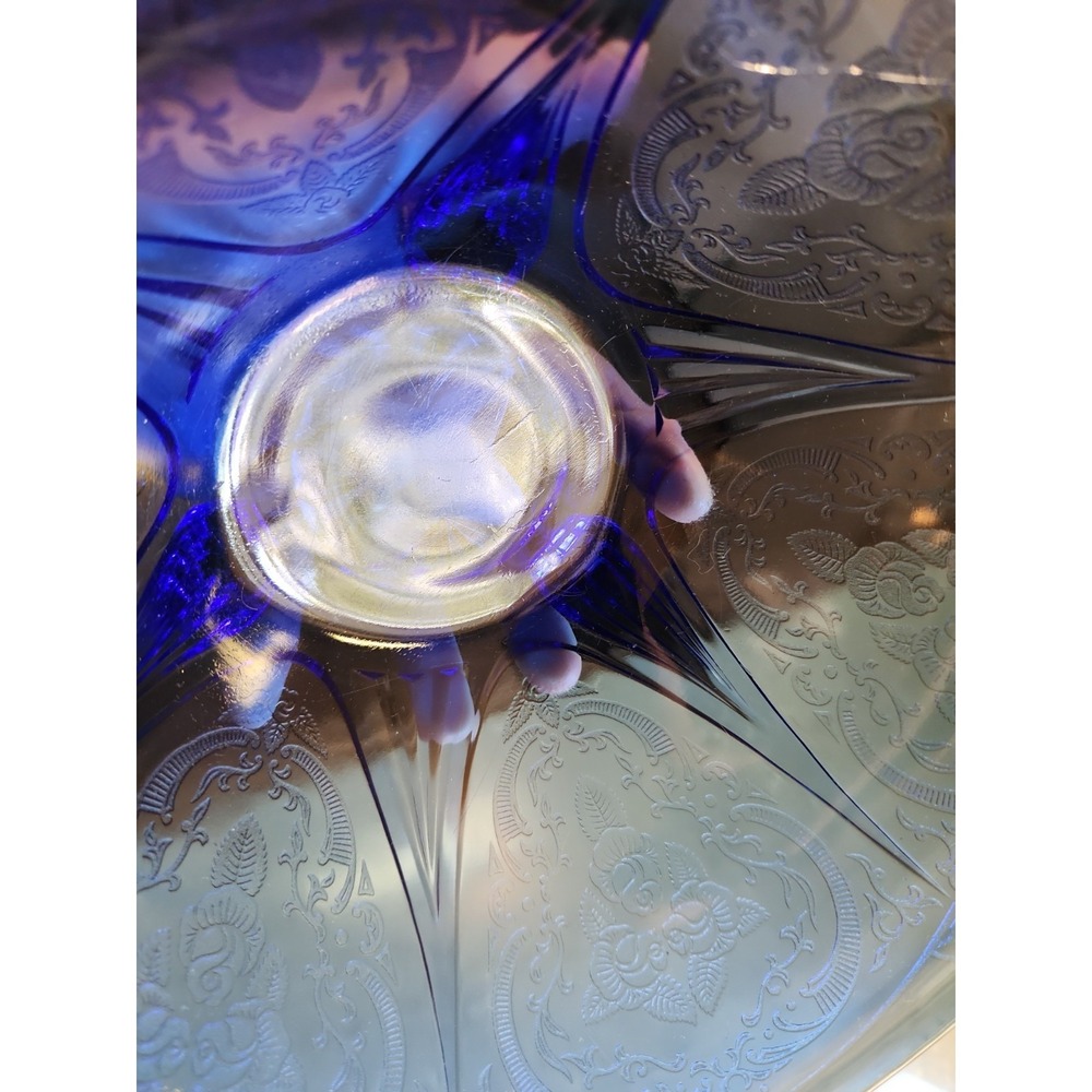 Hazel Atlas Cobalt Blue Royal Lace 10" Bowl Depression Glass, FOOTED, Vintage - Picture 6 of 9
